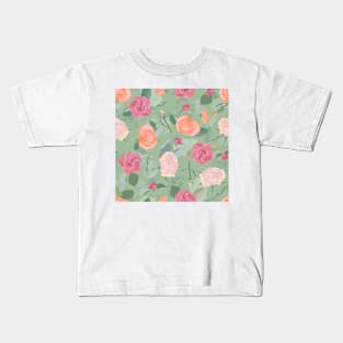 Blended Floral Roses in Orange Fuchsia and Green Kids T-Shirt